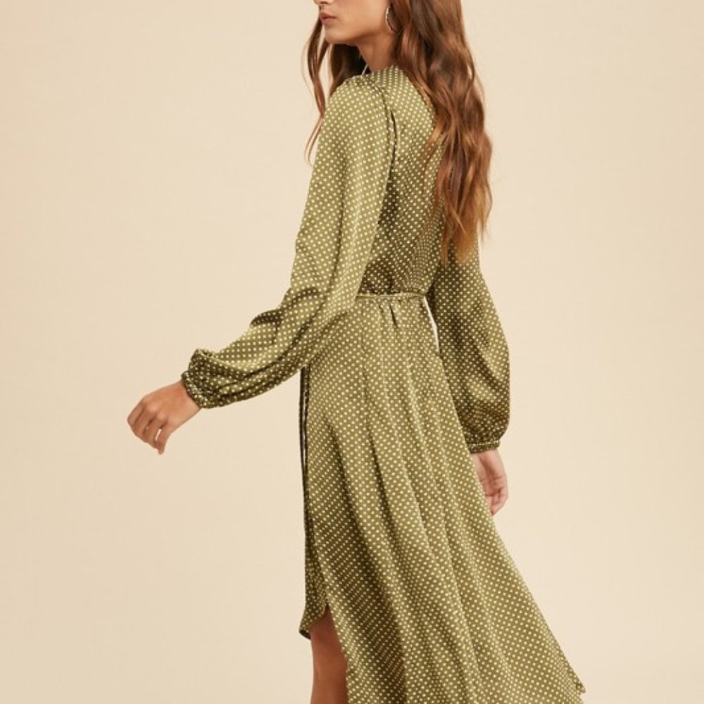 NWT Olive Satin Polka Dot Wrap Dress - Picture 4 of 5